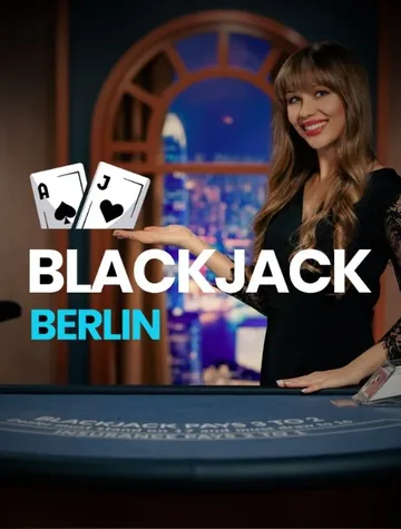 Une croupière ouvre les bras au-dessus du tapis bleu de Blackjack Berlin, une table d'OnAir Entertainment