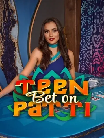 Une croupière sourit devant le logo coloré de Bet on Teen Patti, une table indienne d'Iconic21