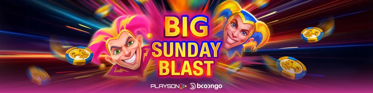 Deux bouffons encadrent le logo Big Sunday Blast pour la promotion de casino de Playson et Booongo