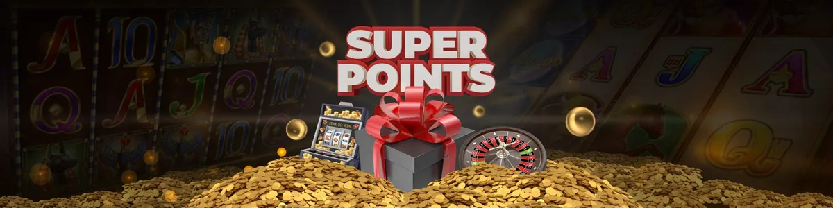 Logo SuperPoints posé sur un cadeau, une machine à sous et une roulette, pour le programme de fidélité de Lucky31