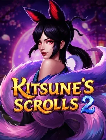 Dans Kitsune's Scrolls 2 de Spinomenal, une femme renard aux oreilles noires pose devant une lune violette