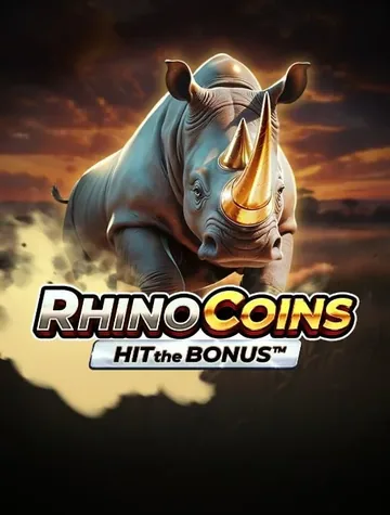 Un rhinocéros à la corne dorée charge sous le logo de Rhino Coins Hit the Bonus, chez Playson